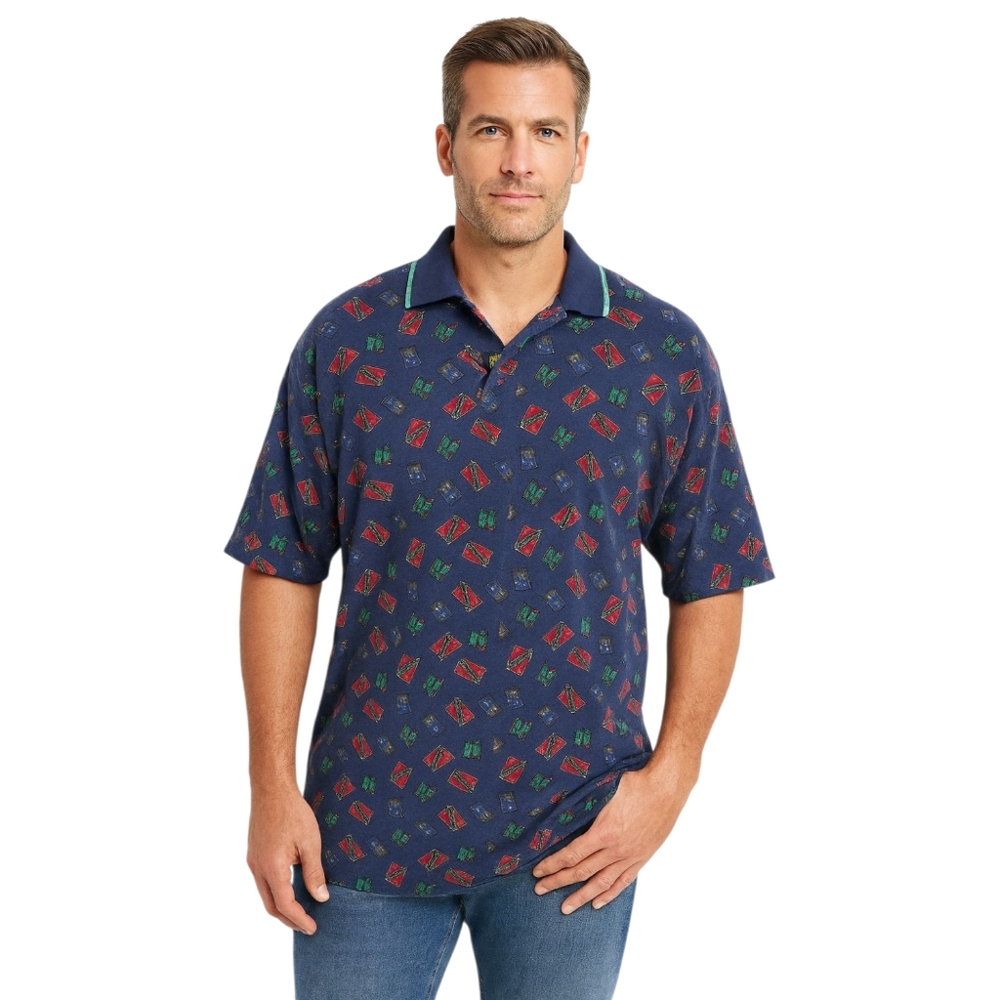 🏌️‍♂️ Chip Beck Collection Vintage Golf Print Polo Shirt 2XL Blue Retro 90s